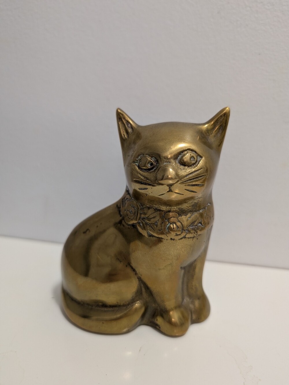 Vintage 1970 Brass Cat Figurine Golden MCM Funky Kitty Mini Heavy Statue Flowers